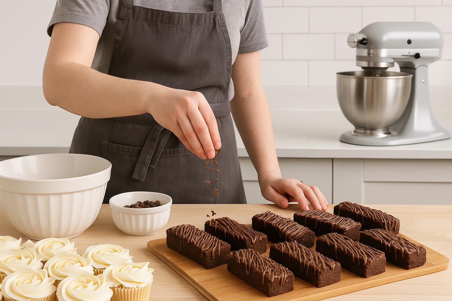 Person in a kitchen preparing chocolate brownies on a wooden board with a mixer in the background.