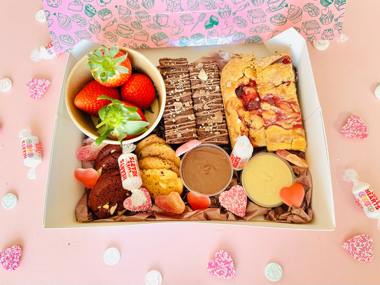 Valentine’s treat hamper with brownies, blondies and strawberries