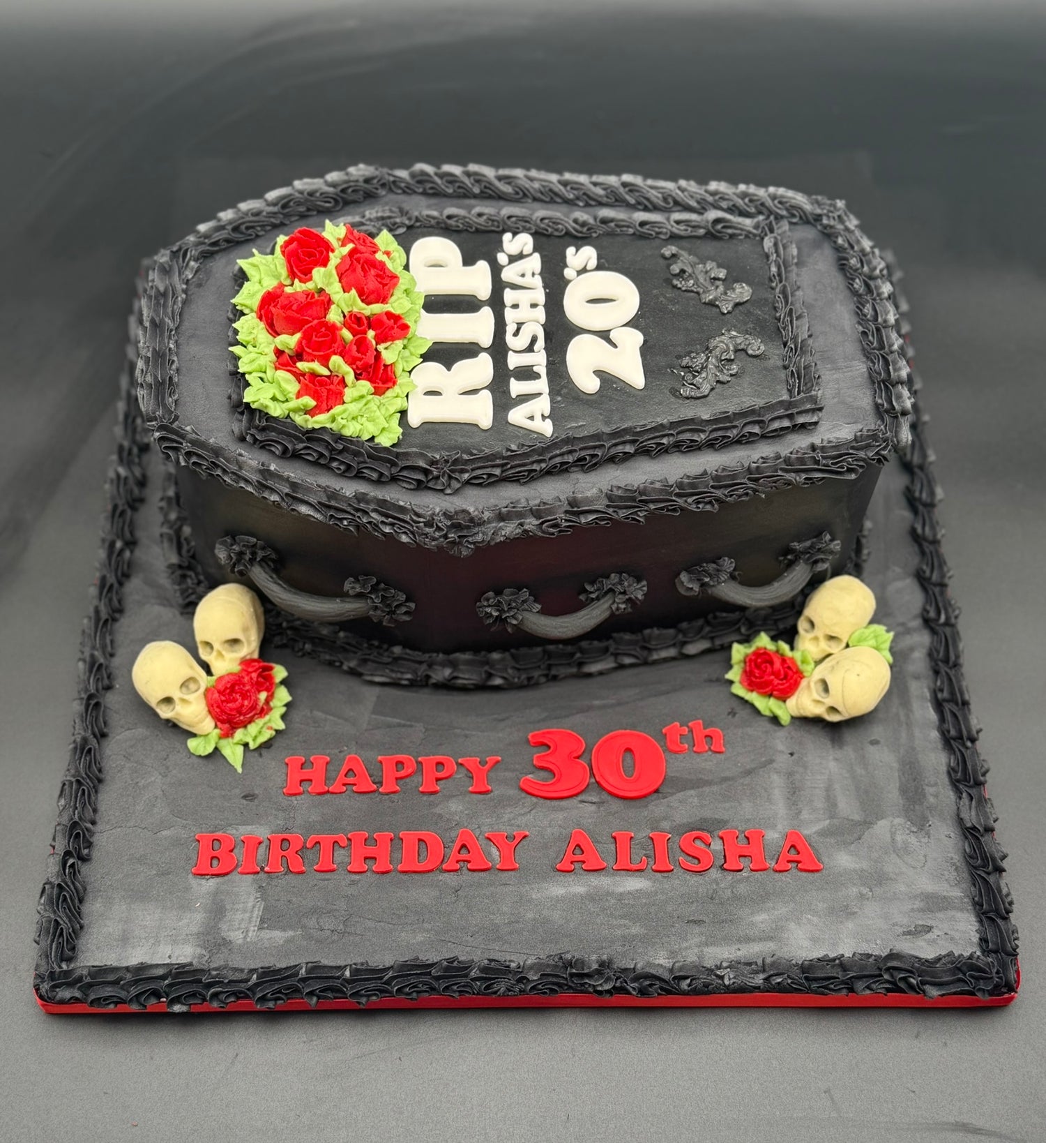 Grunge-style birthday cake with 'RIP' text, roses, and skull decorations on a dark background.